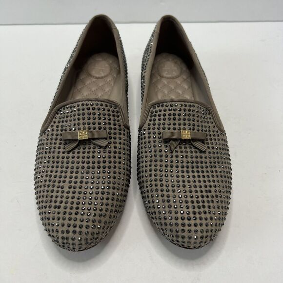 Tory Burch 7M Chandra Sparkle Smoking Slipper Loafer Crystal Studs Bow Taupe - Picture 3 of 8